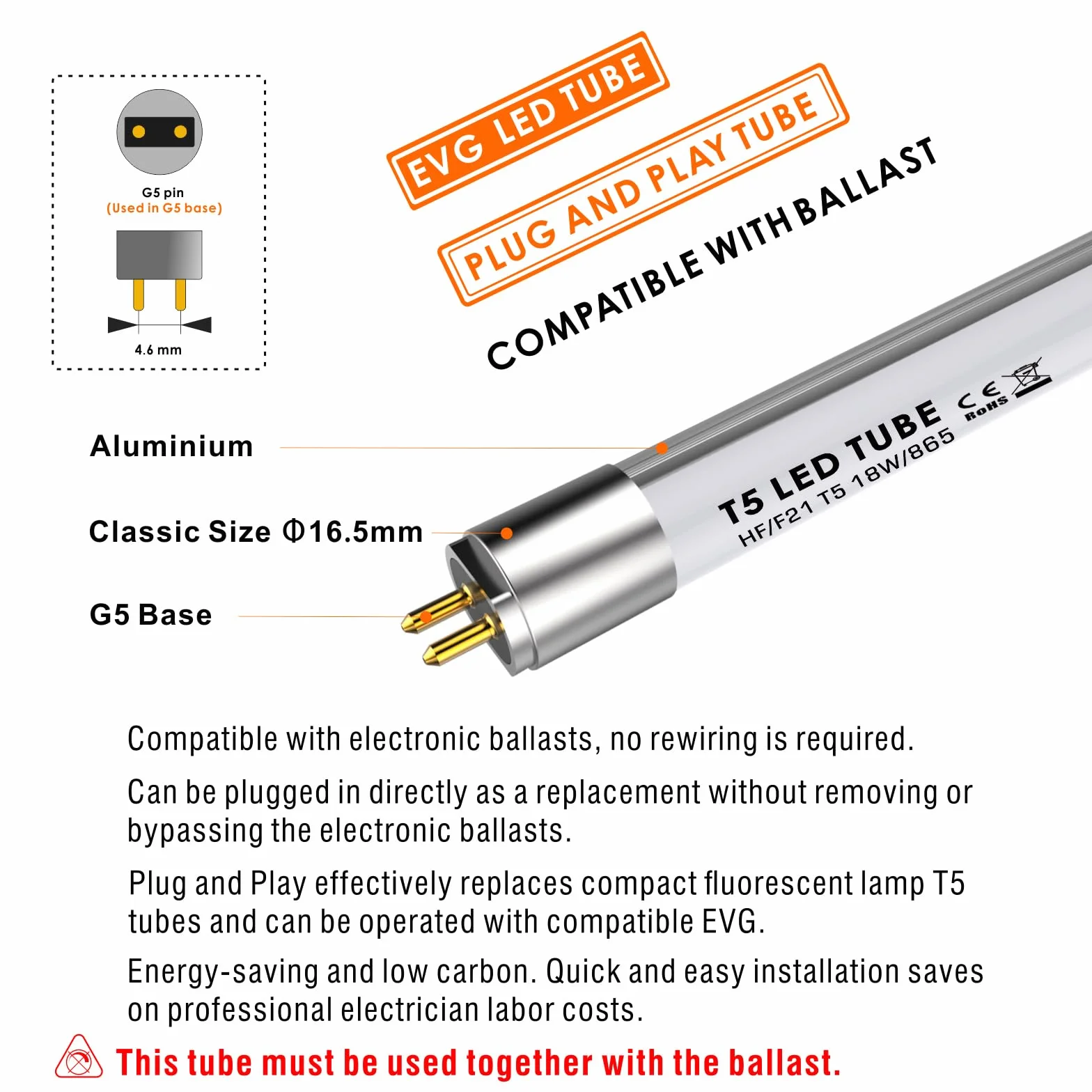 IHYCTV Tube LED T5 18W 849mm 6500K 2050lm Angle 300° Sans recâblage Lot de 1