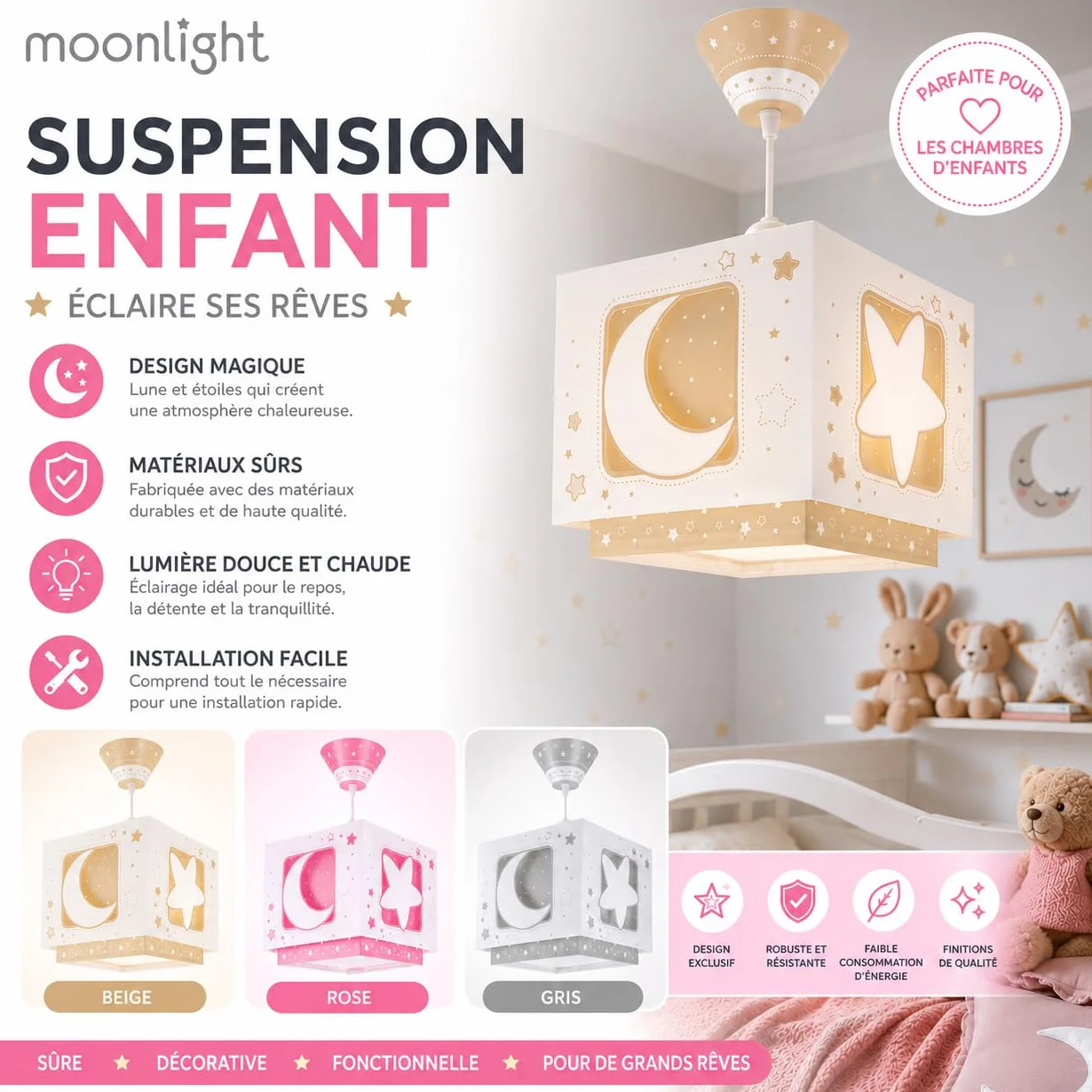 Dalber Lustre Chambre Lampe Suspension Plafonnier Enfants Moonlight Lune Étoiles Beige E27