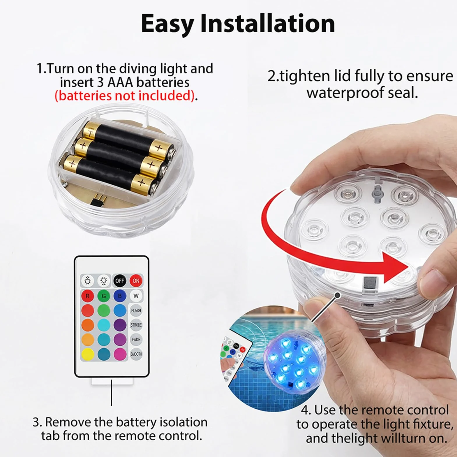 Lumières LED Submersibles avec Télécommande, Lampe Piscine Étanche Multicolore à Piles, Spot LED pour Aquarium, Spa, Baignoire, Jacuzzi
