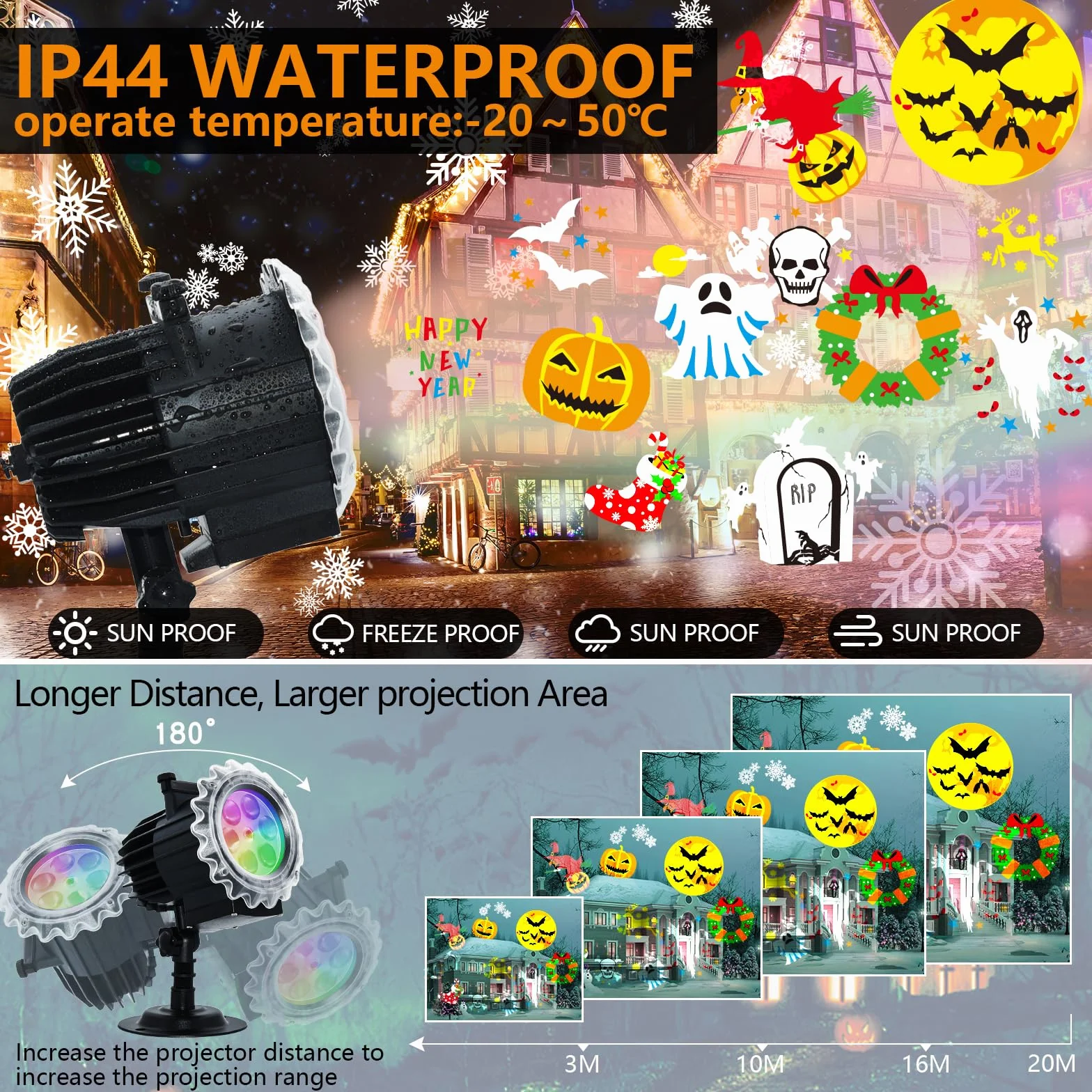 Segotendy Projecteur Halloween Noël Exterieur 96 Motifs Lampe LED avec Télécommande Minuterie Etanche