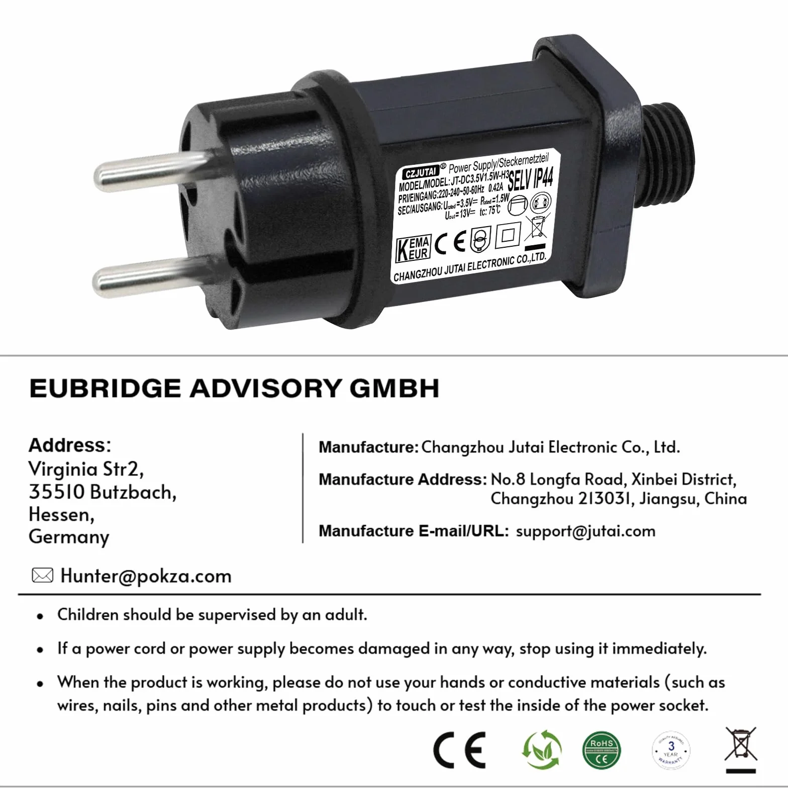 Transformateur LED CZJUTAI 3.5V 1.5W IP44 Alimentation pour éclairage de Noël avec Prise Européenne