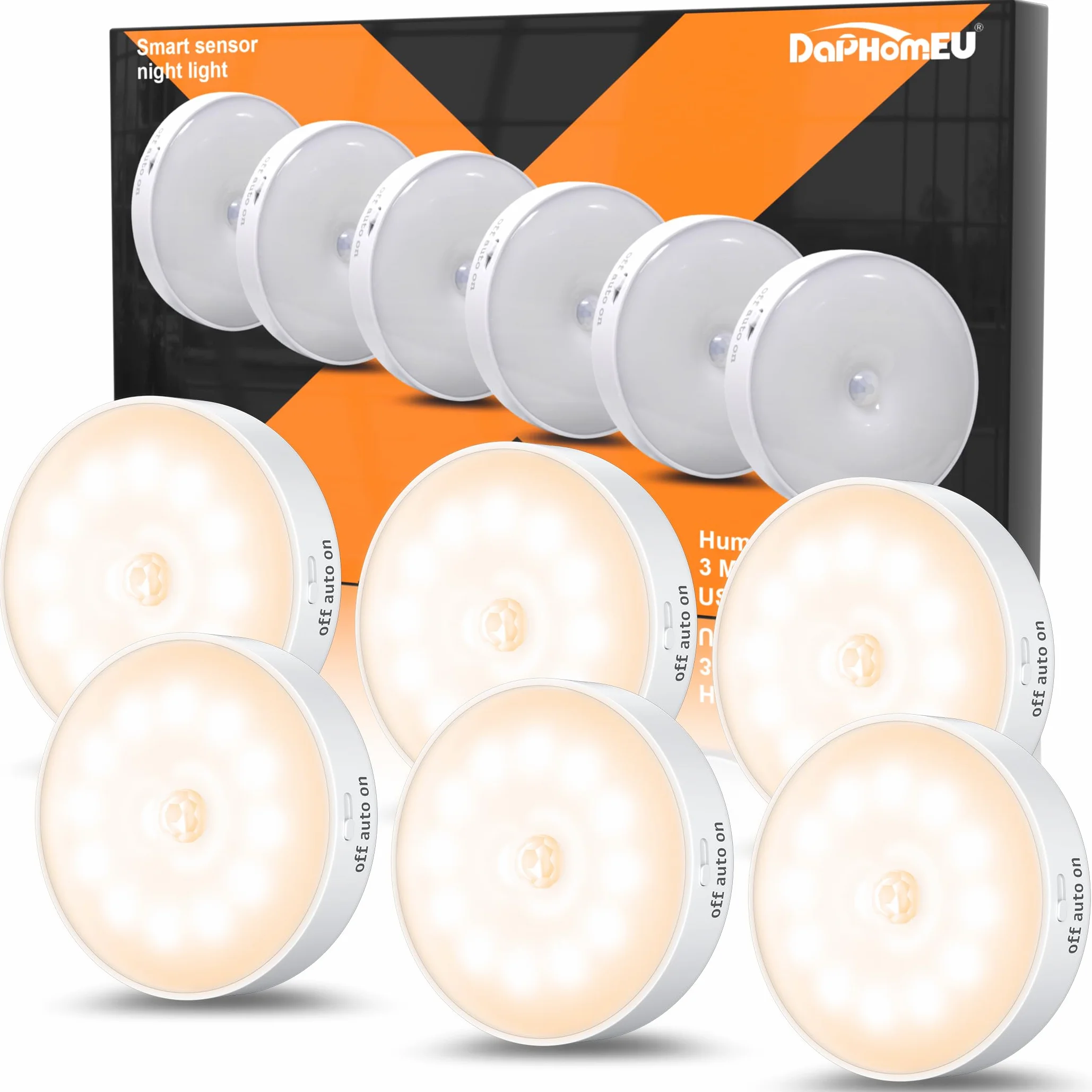 Lot de 6 veilleuses LED rechargeables USB avec détecteur de mouvement, 3 modes, lumière chaude