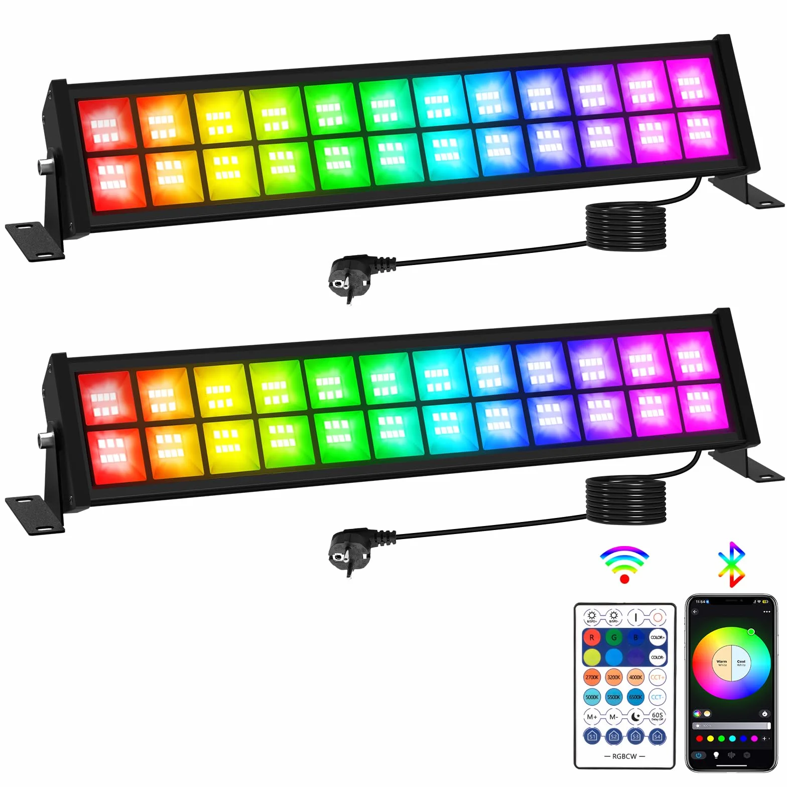 T-SUNUS Projecteur LED RGB Exterieur 72W Barre LED RGB IP66 WiFi Bluetooth Télécommande 2 Pièces