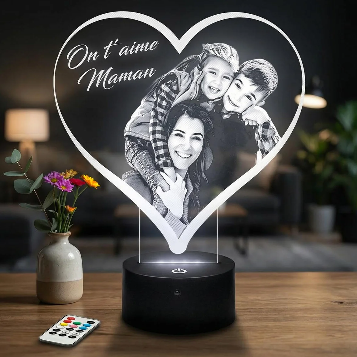 Lampe Photo Personnalisée Coeur, Cadeau Couple Personnalisé, Lampe de Chevet avec Photo et Texte