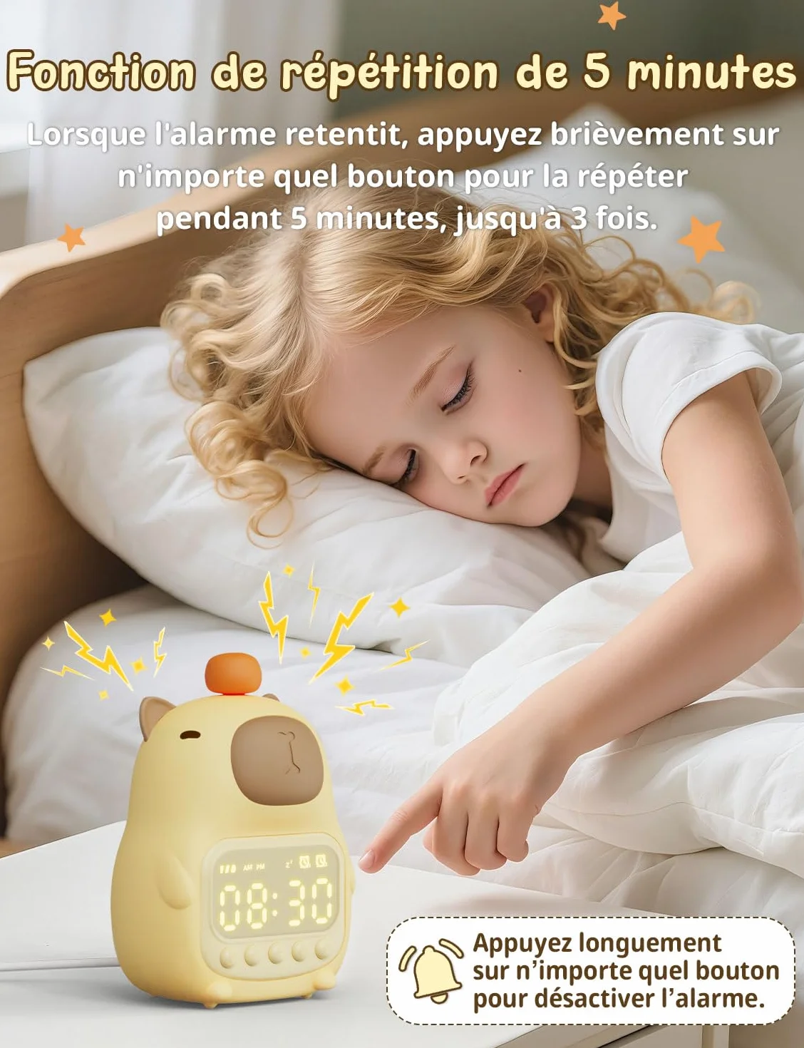 YISSVIC Réveil Enfants Capybara Veilleuse Silicone 2 Alarmes Fonction Répétition Affichage 12/24h Horloge Chevet