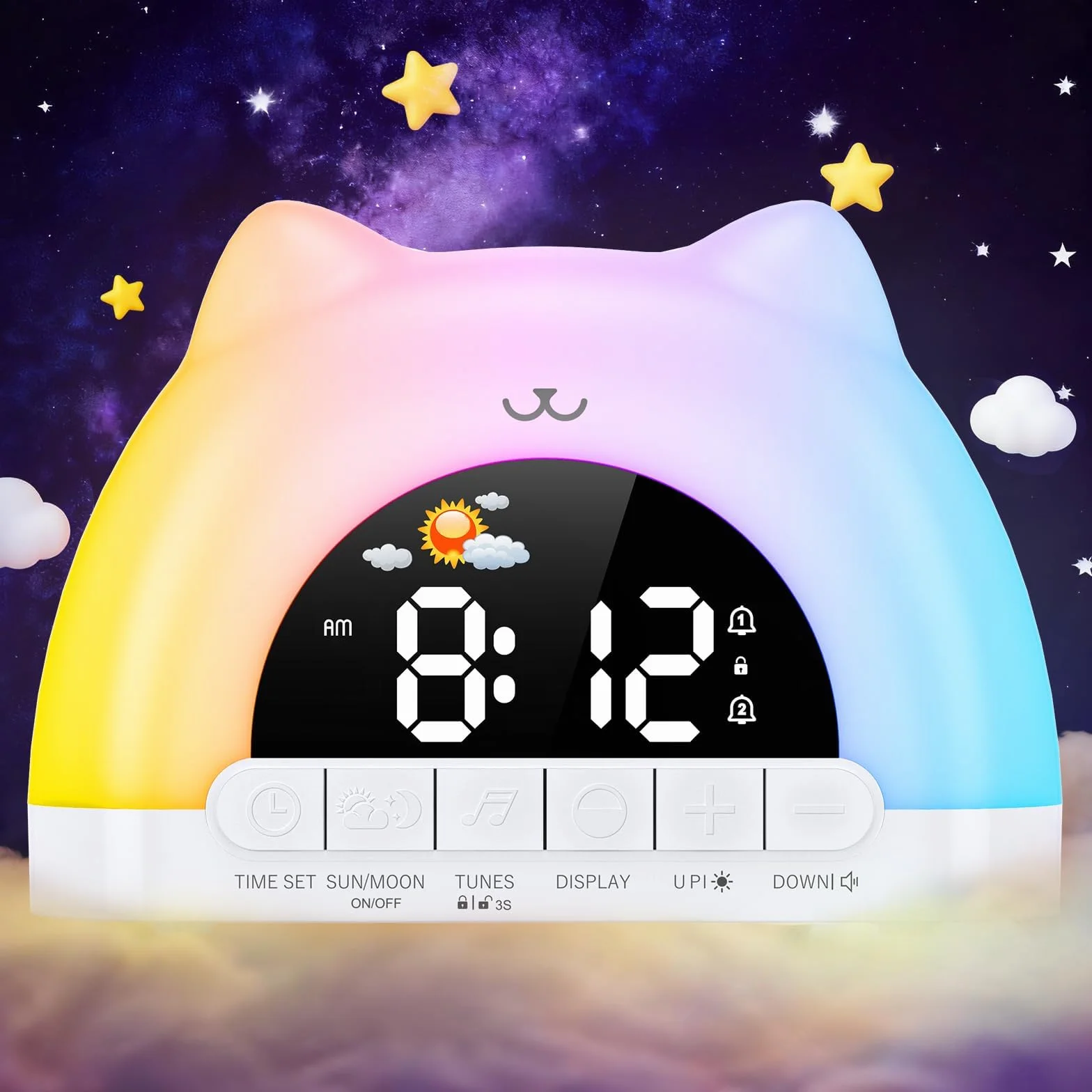 Réveil numérique enfant RVB double alarme snooze 11 couleurs 10 effets sonores