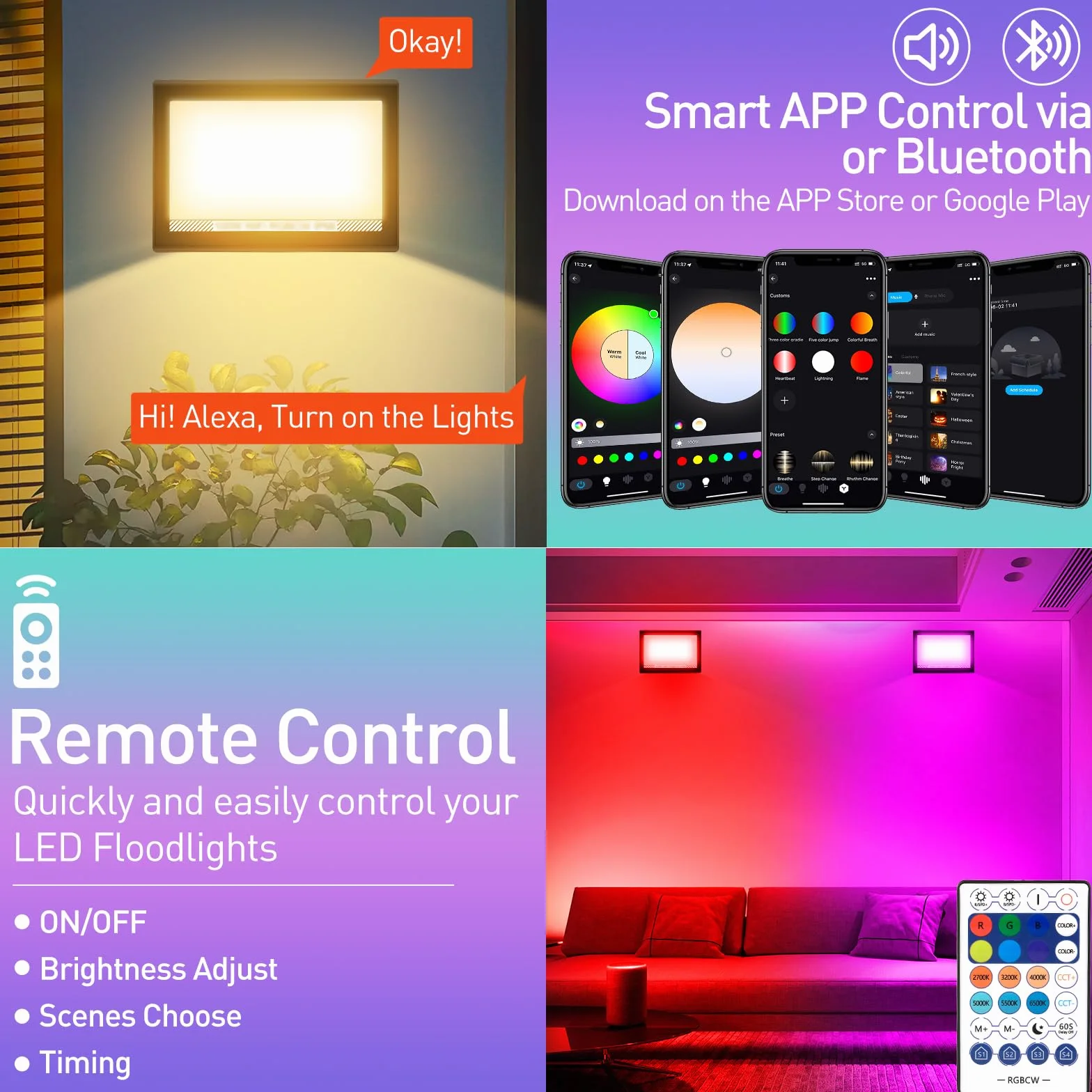 Projecteur LED RGB Extérieur 60W avec APP Bluetooth et Télécommande IP66 Etanche 4 Pièces