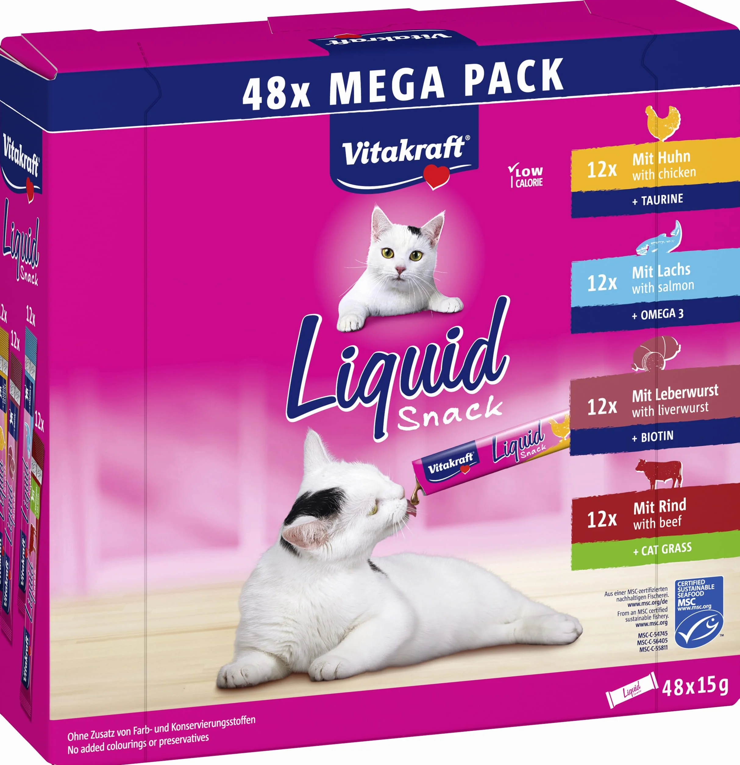 VITAKRAFT Liquid Snack pour Chats, Friandises Crémeuses au Bœuf, Poulet, Saumon, 1 Pack Économique (48x15g)