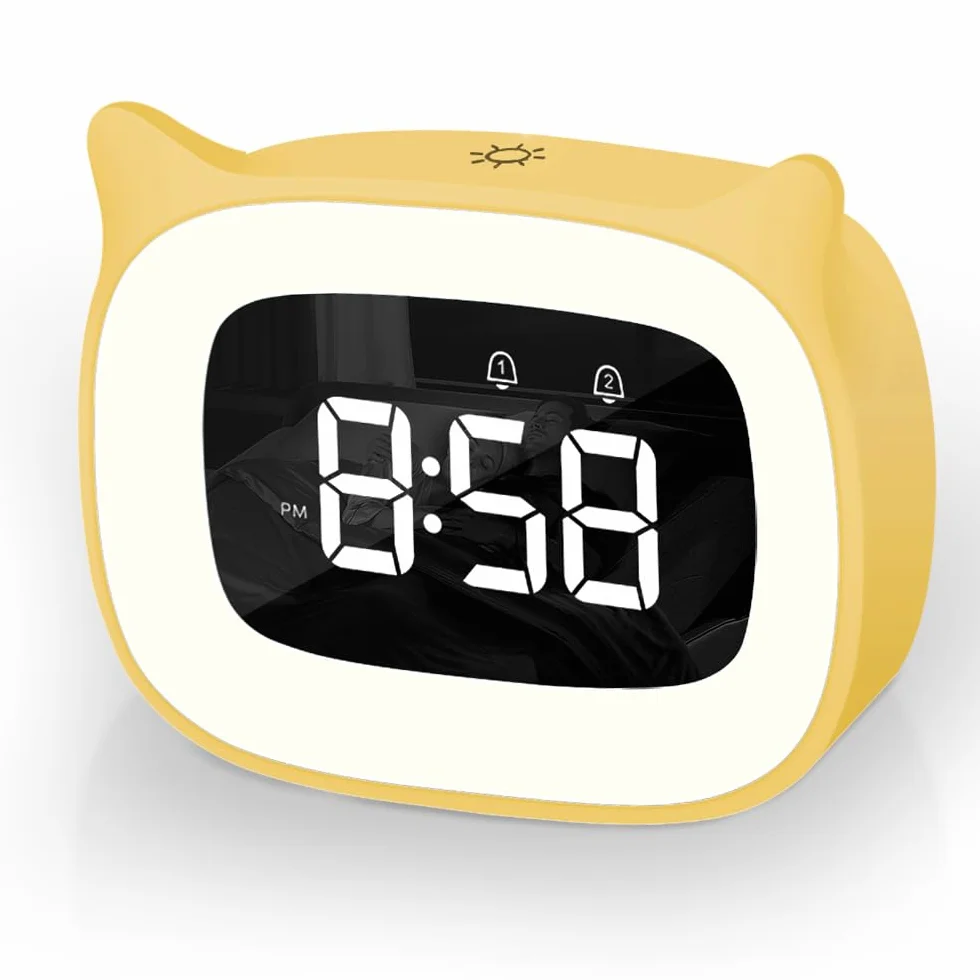 Réveil Enfant Éducatif avec Veilleuse Chat, Lampe Chevet Snooze, 5 Couleurs, 18 Musiques (Jaune)
