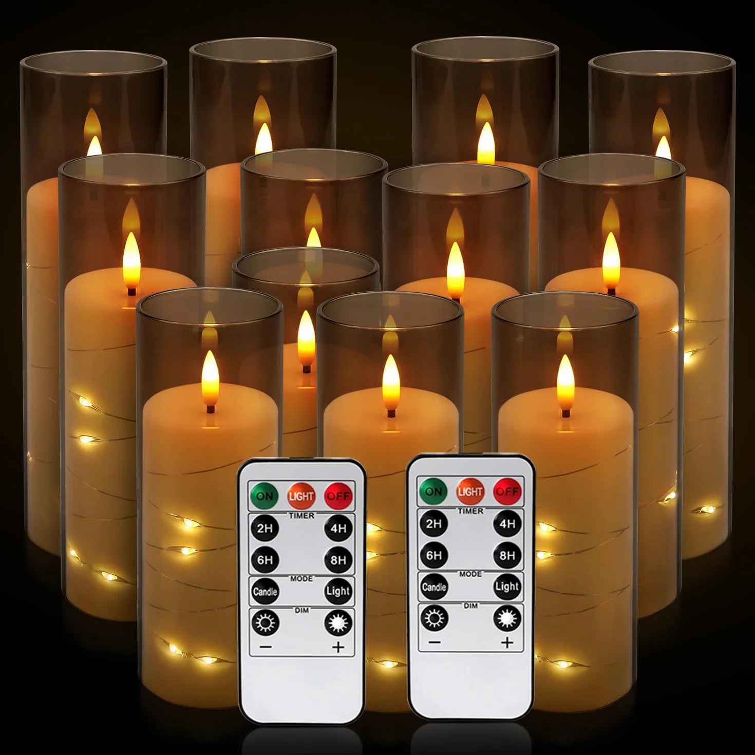 LIVEN Lot de 12 bougies piliers LED sans flamme vacillante avec mèche réaliste D 2,2 x H 12,7-17,8 cm Gris