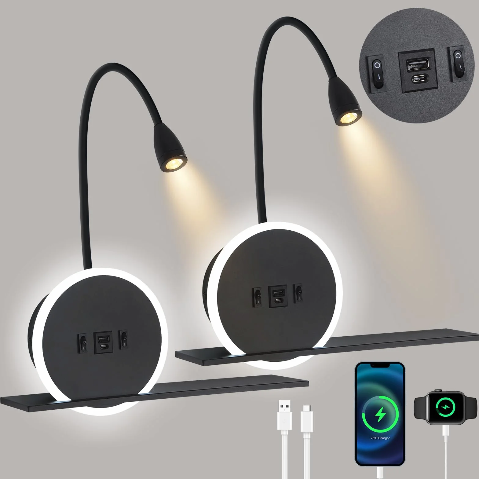 Lampe de chevet LED 2 pièces avec interrupteur, port USB-C, 3W 3000K + 9W 6000K, applique tête de lit noir