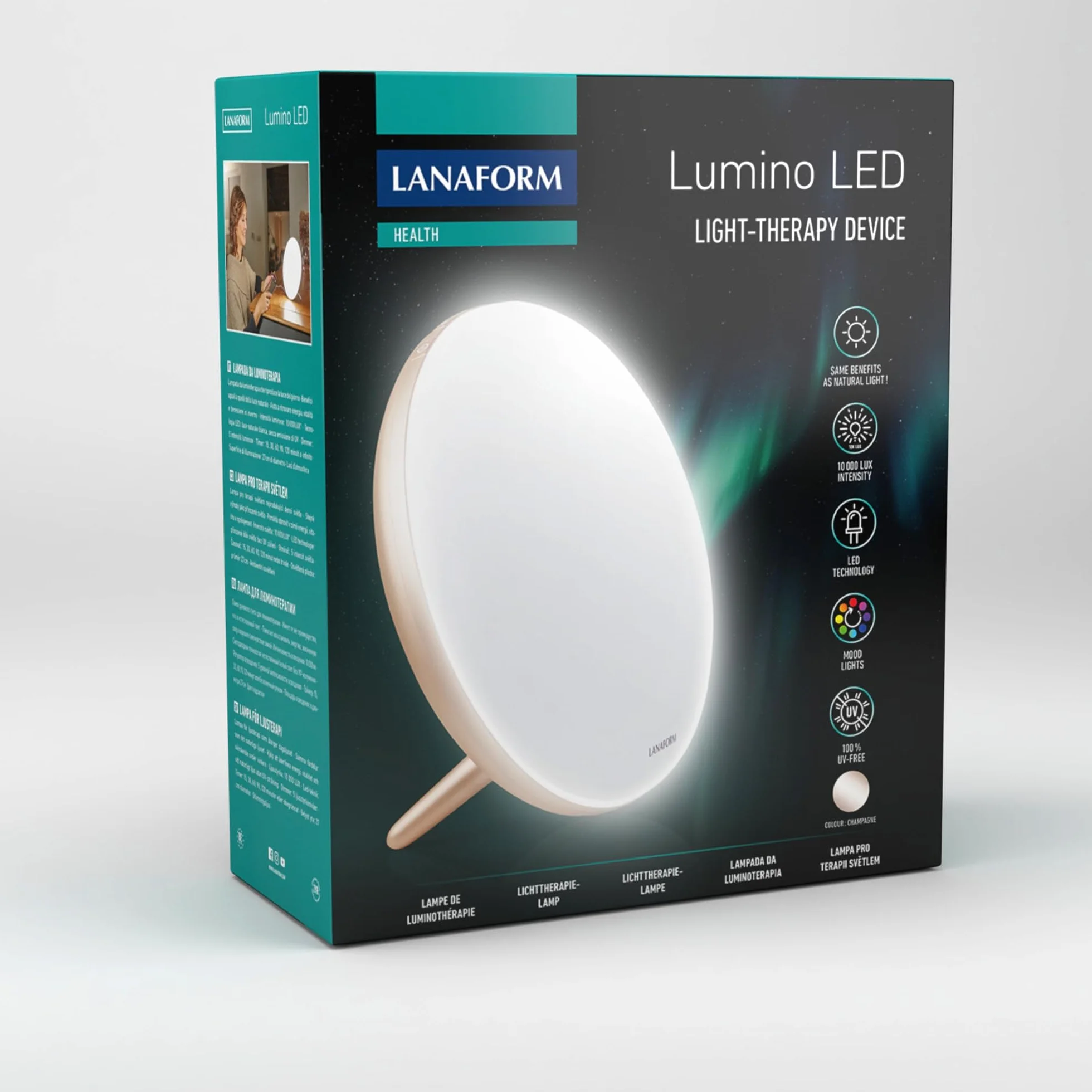 Lampe Luminothérapie LANAFORM Lumino LED Gold 10000 Lux Sans UV Réglable 5 Intensités