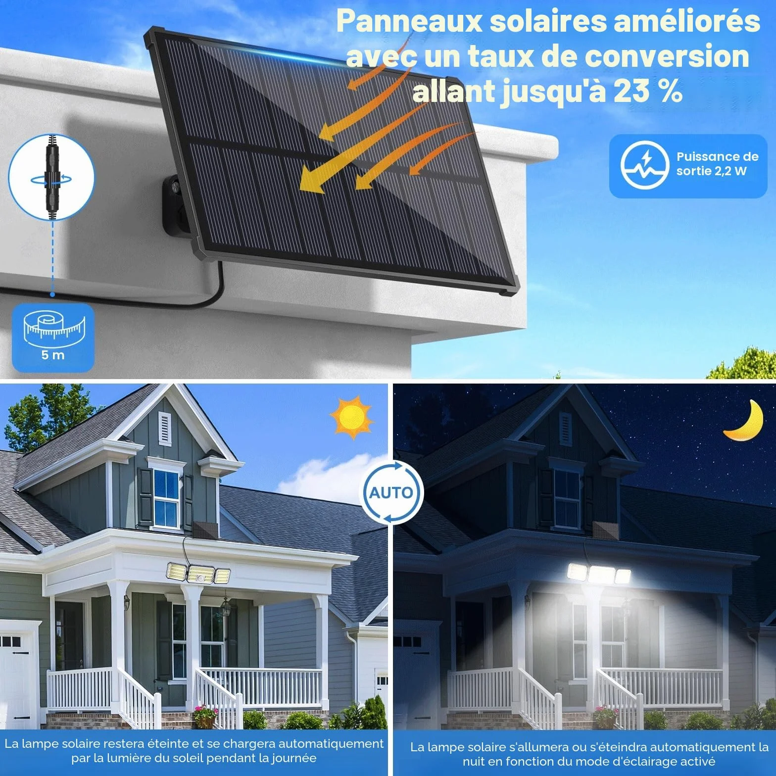 Lampe Solaire Extérieur avec Détecteur de Mouvement 7000K 2000mAh IP67 Étanche