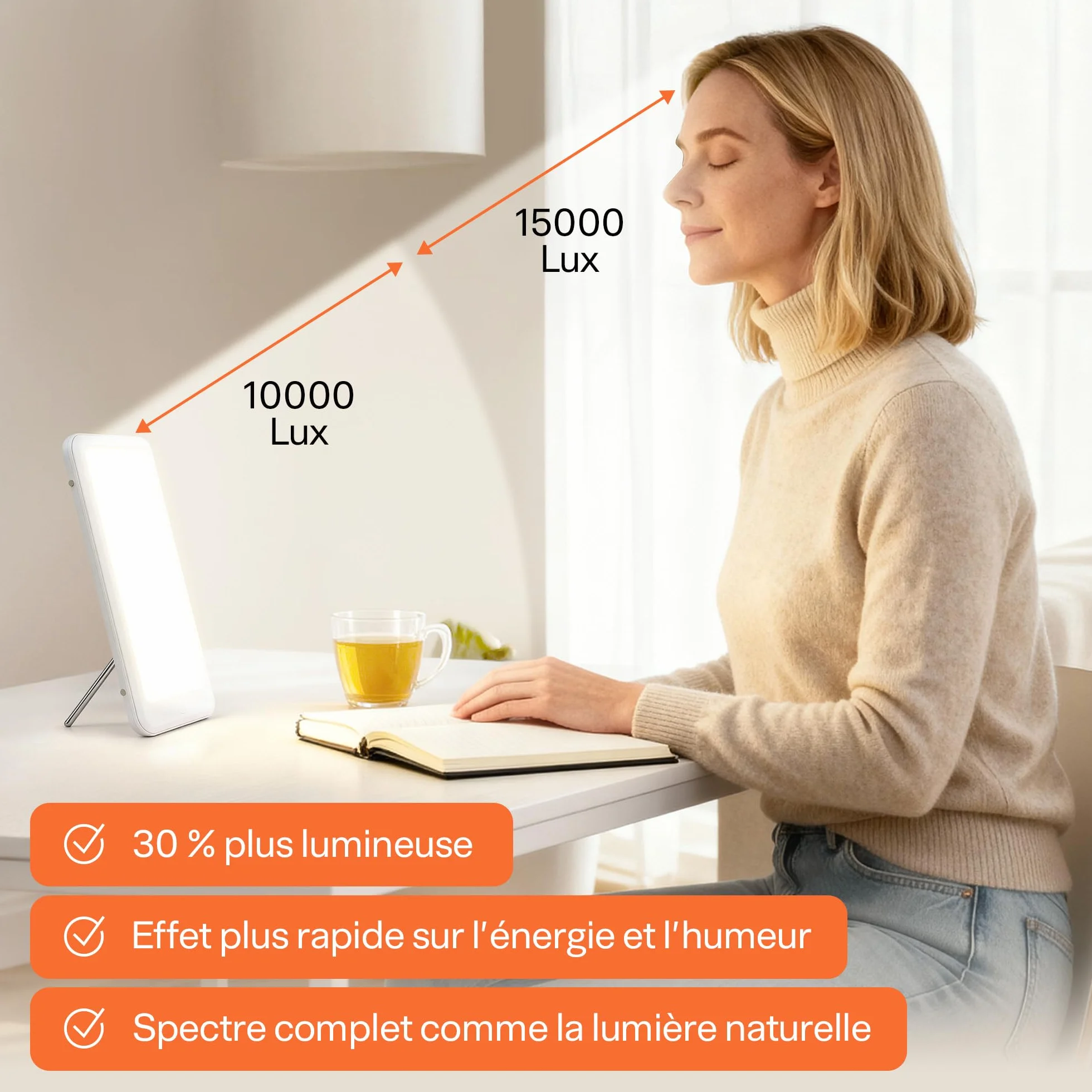 Lampe de Luminothérapie 15000 Lux Sans UV, 3 Niveaux d'Intensité, Design Compact Portable LED