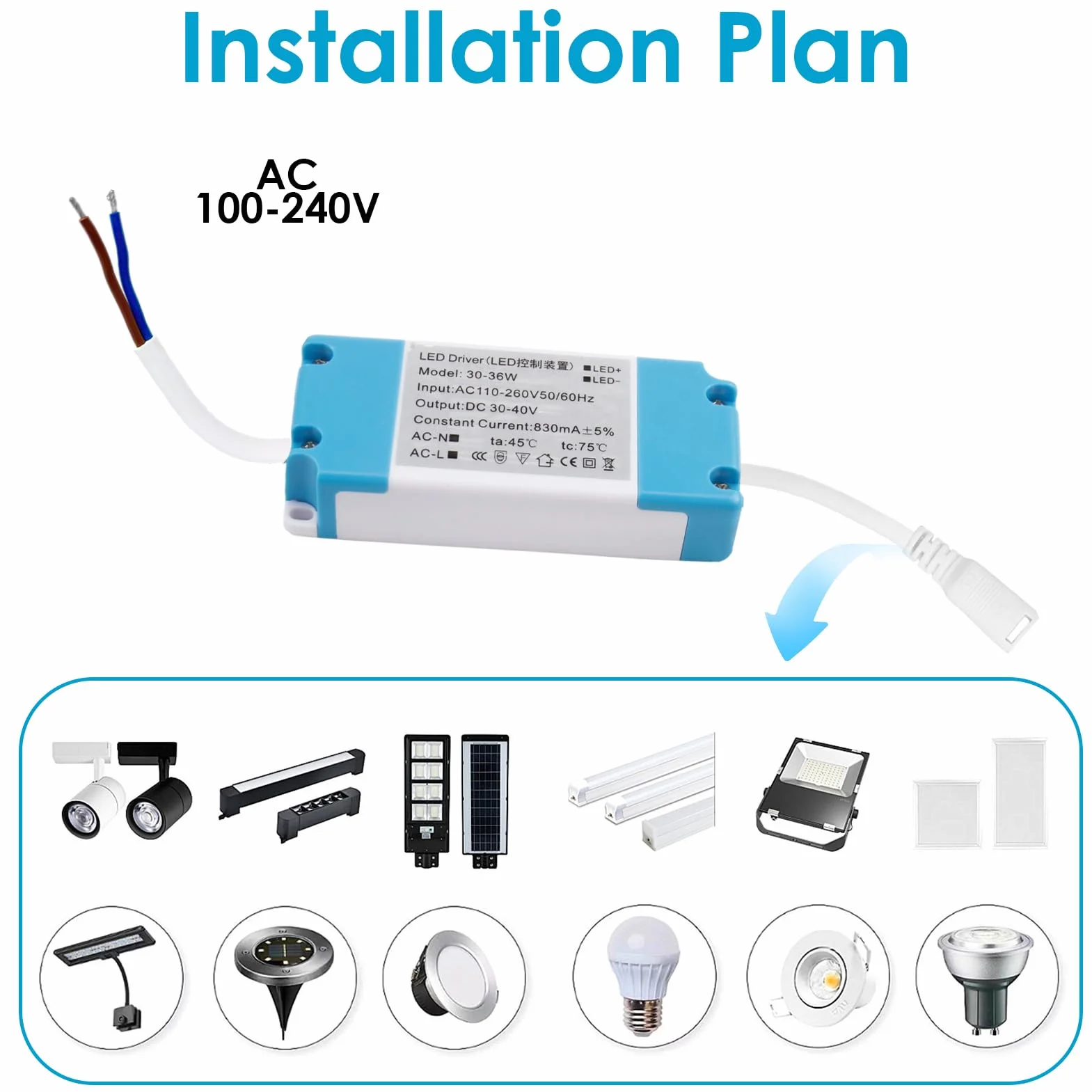 Transformateur LED 30W-36W Alimentation 30-40V 830MA Driver Universel pour Ampoules Rubans Spots