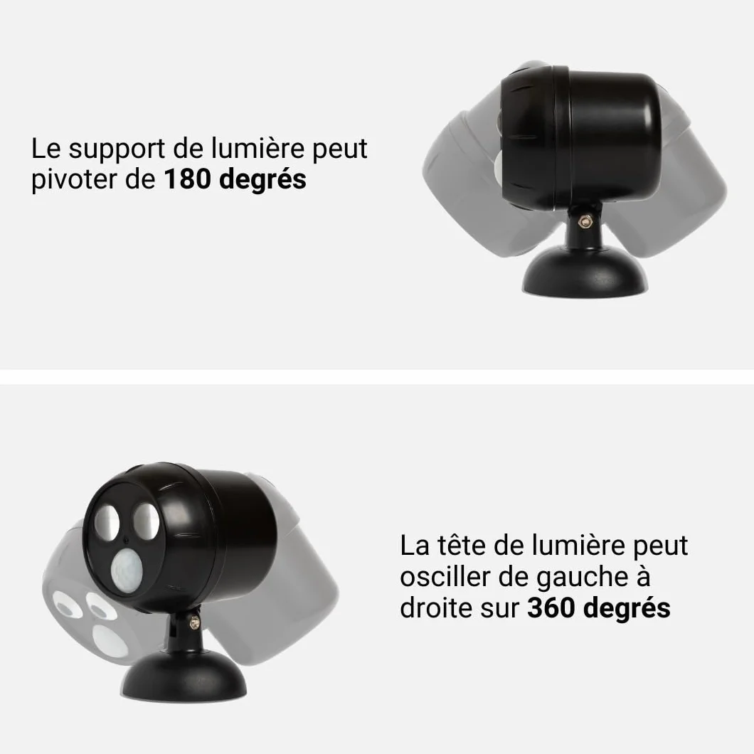 Lampe Detecteur de Mouvement Exterieur LED, 1000 Lumen, Projecteur Sans Fil, Tête Rotative 360°