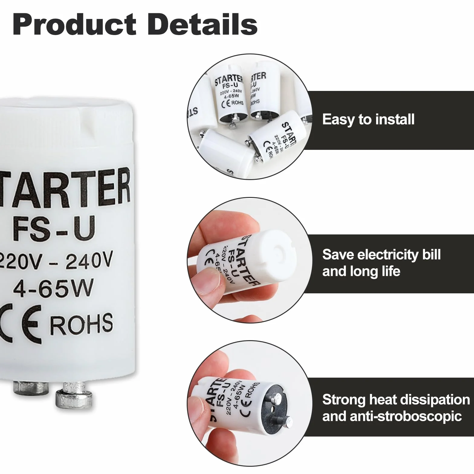 Starter Fluorescent Tube Neon 4-65W 220-240V pour Lampes LED et Néon, Adapté à Divers Supports