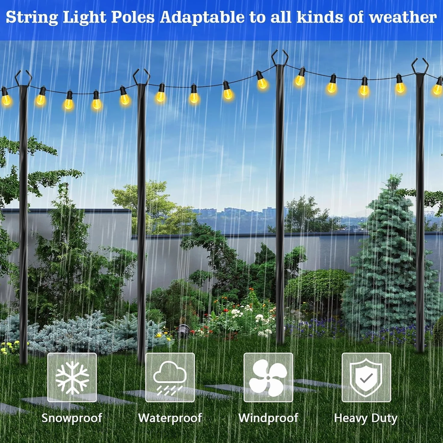 Lot de 4 poteaux en métal 3 m avec fourchette pour guirlande lumineuse extérieure, support de jardin