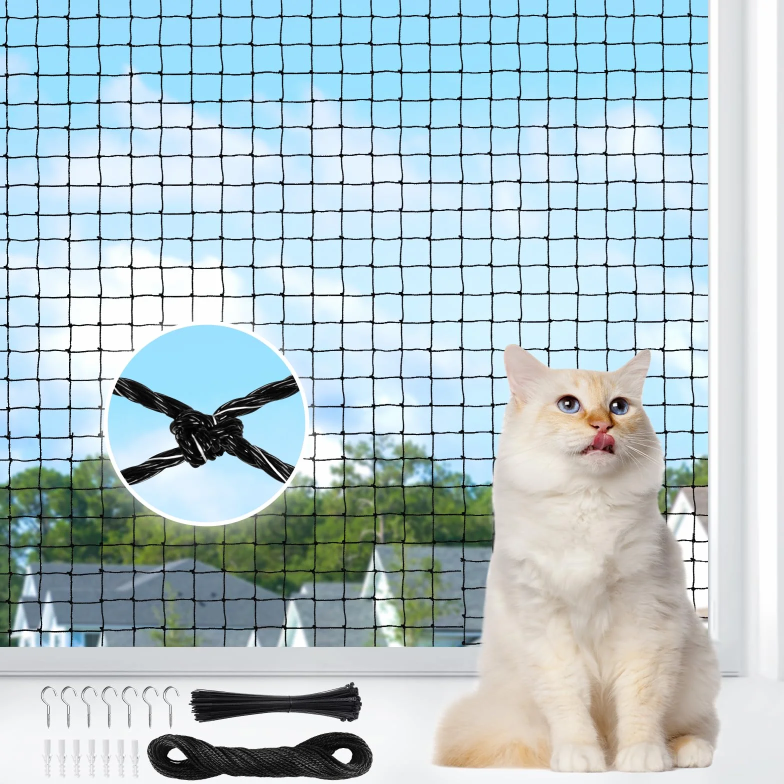 Filet Chat Balcon Renforcé 3x4m, Filet de Protection sans Percage, Grillage Fenetre Anti Chats avec Crochet Fixation