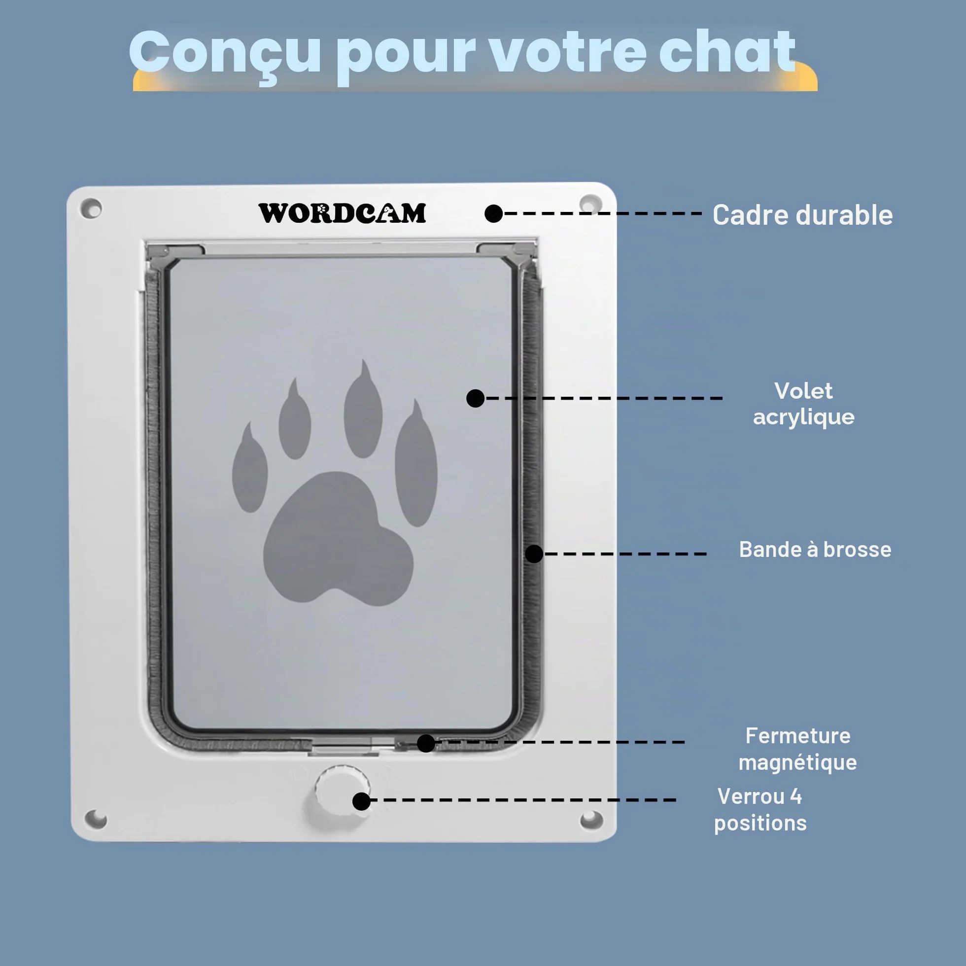 Wordcam porte pour chat XL, verrouillable 4 voies, résistante, jusqu'à 11,3 kg, chatière chaton/chien