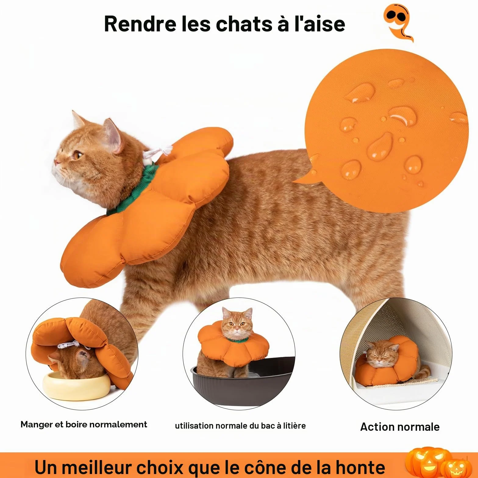 Collier Anti Léchage pour Chat, Imperméable et Ajustable, Style Fleur Violette, Orange M