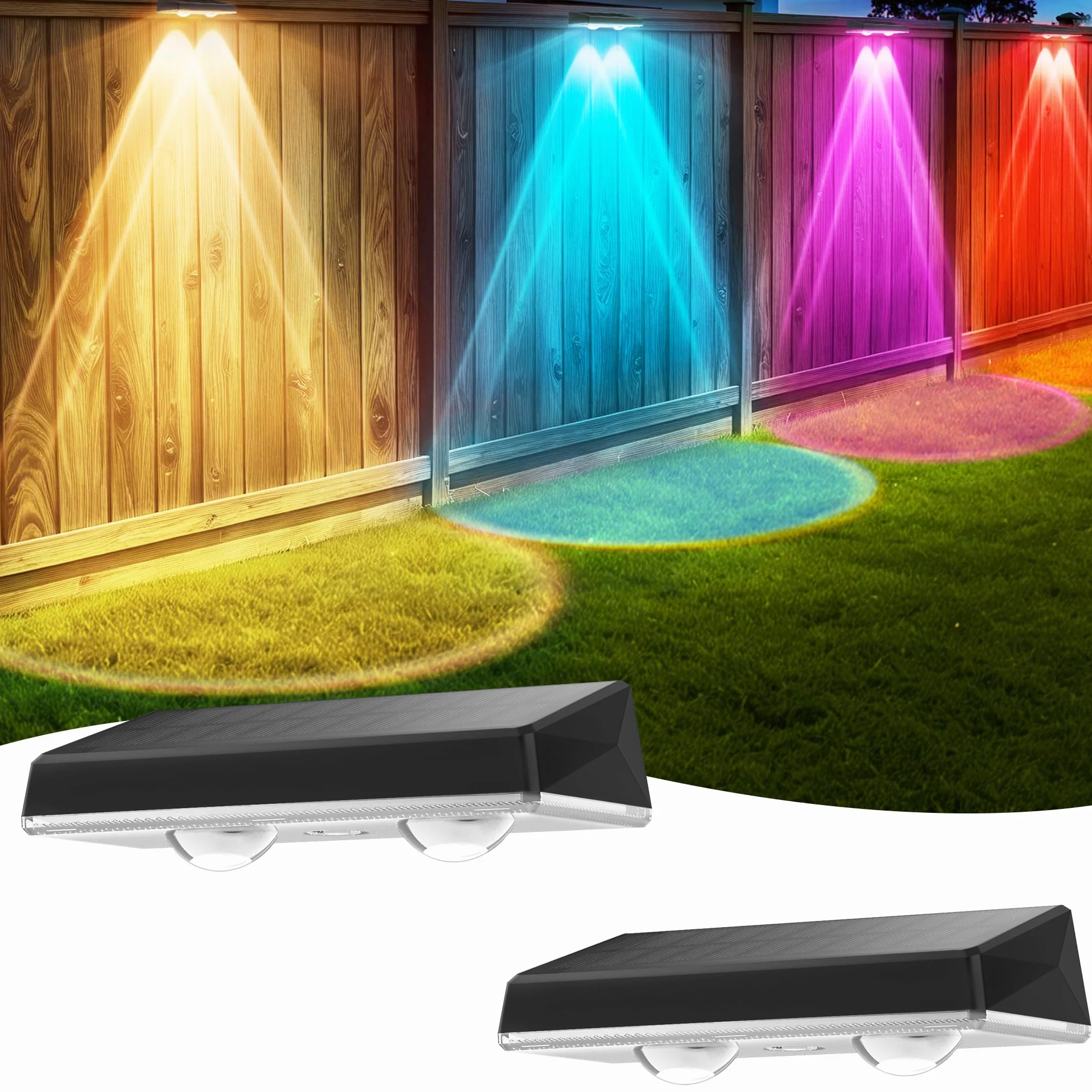 Applique Murale Extérieur Solaire Étanche IP67 2 Unité RVB 8 Modes Lampe Solaire Puissante pour Jardin
