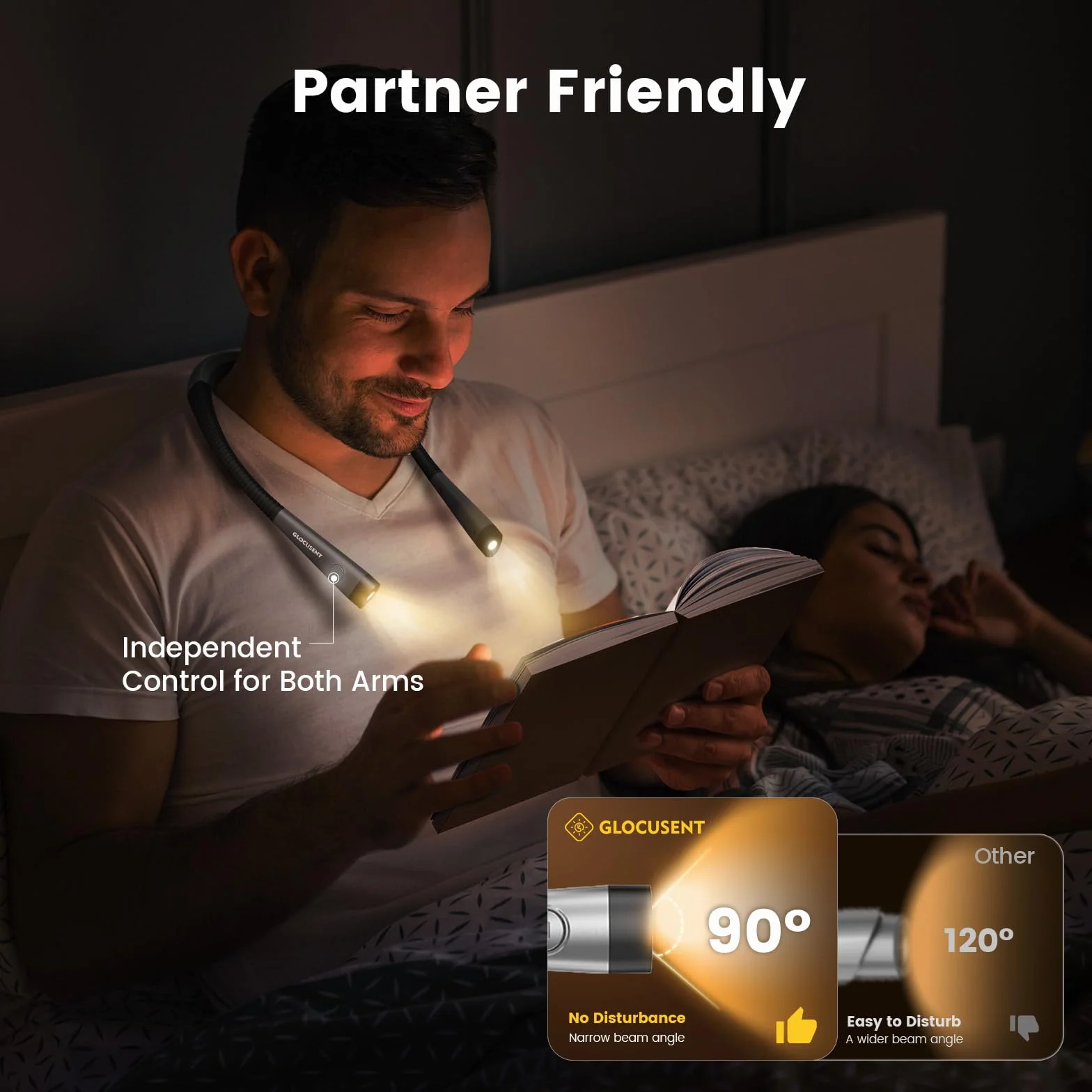 Glocusent Lampe de Lecture de Cou Rechargeable, Liseuse à Bras Pliables, 6 Niveaux de Luminosité, 3 Couleurs