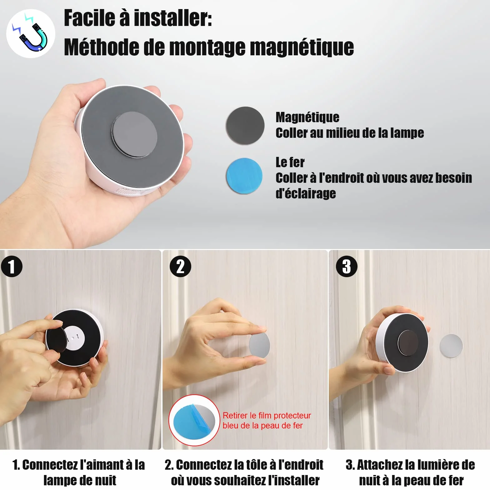 Veilleuse LED Automatique Rechargeable USB Lot de 3, Lampe Détecteur de Mouvement 6000K 8 LEDs 400mAh Base Magnétique