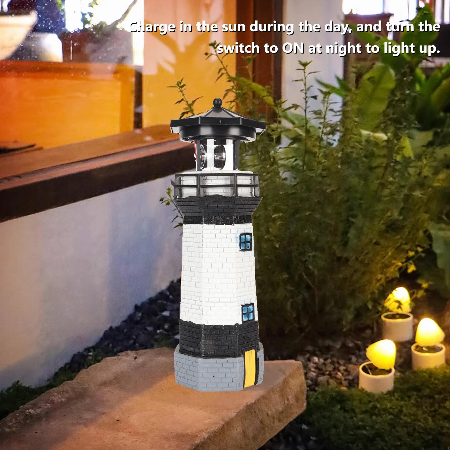 Solar Lighthouse 360° Rotating LED Garden Decoration Resin Black