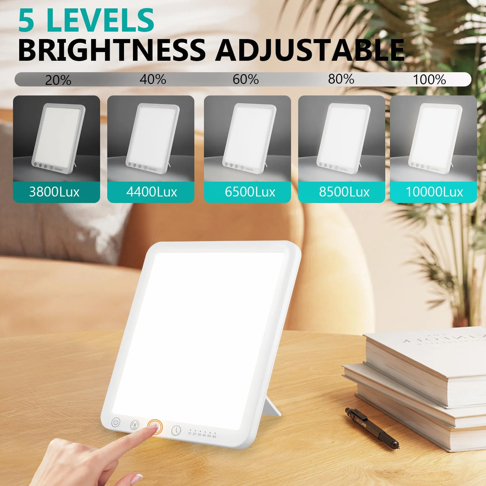 Lampe de Luminothérapie 10000 Lux, 3 Températures de Couleur, Minuterie, Support Pliant 45°
