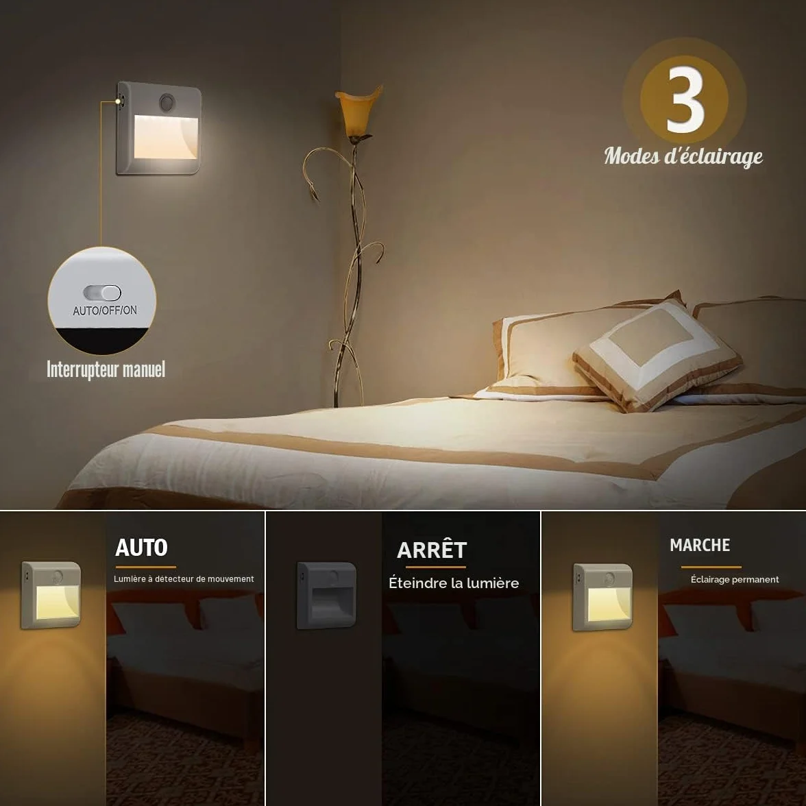 Veilleuse LED Lot de 2 avec Détecteur Mouvement 4000K Blanc Naturel Lampe Placard Adhésive