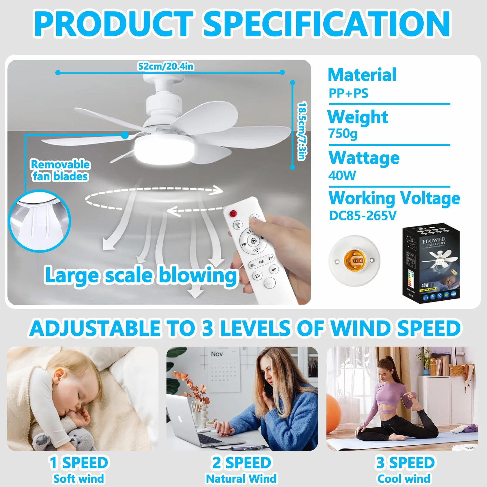 VHV Ventilateur de Plafond avec Lumière LED Dimmable 40W E27, 6 Pales, 3 Vitesses, Silencieux, Blanc