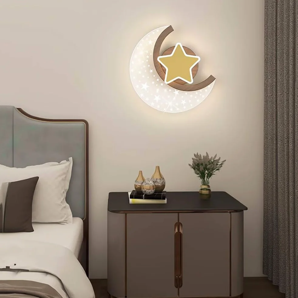 Applique LED Lune Bois 12W Lampe Murale Enfants Etoiles et Lune 3 Couleurs Température Chambre à coucher