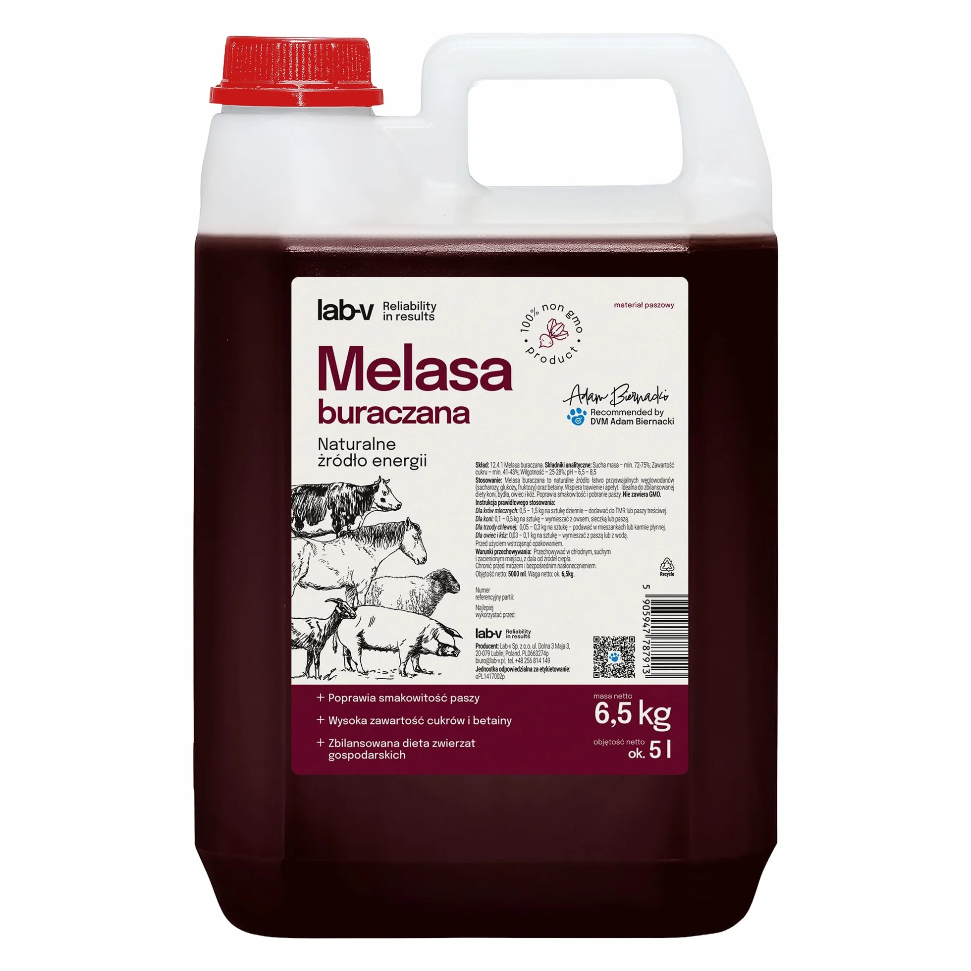 Lab-V Mélasse de betterave à sucre 5 l (6,5 kg) Aliment pour chevaux bovins moutons chèvres porcs