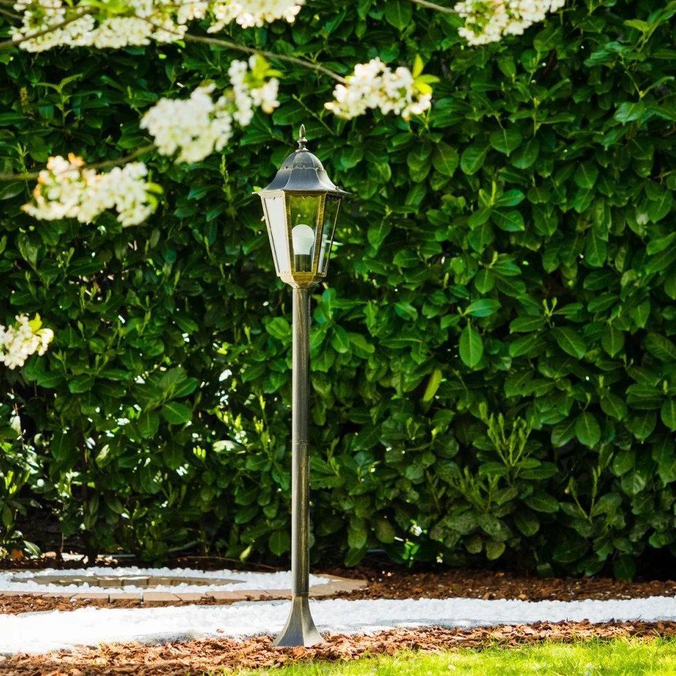 Lampe d'extérieur Hongkong lampadaire antique fonte aluminium brun or verre dépoli 120 cm E27 IP44