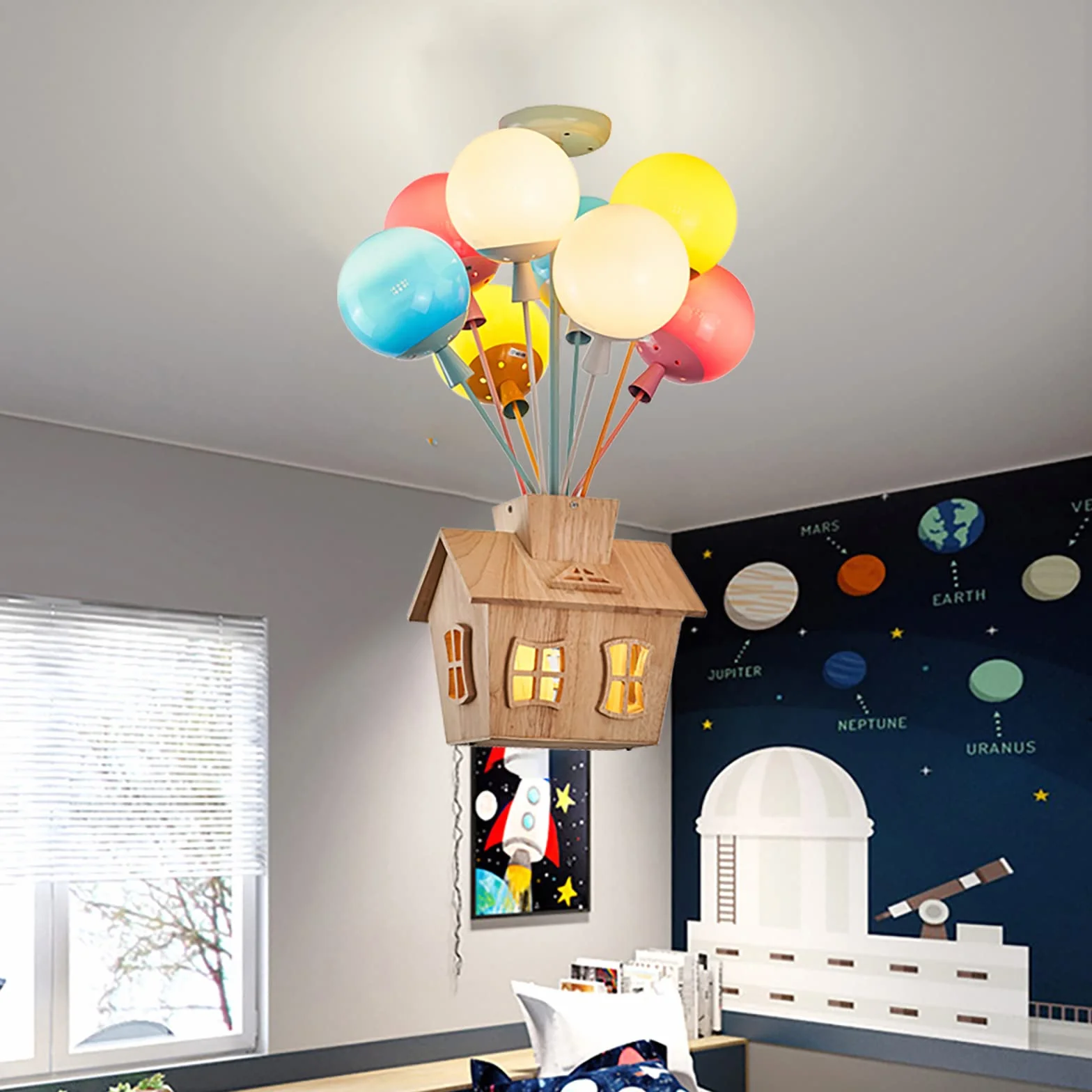 Lustre Moderne Plafonnier Enfant LED Bois Télécommande Ballon Verre Rond Chambre