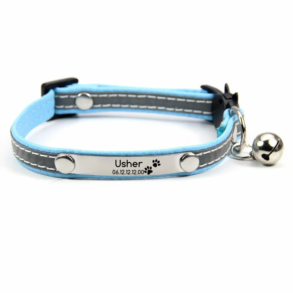 Collier Chat avec Gravure personnalisée, Clochette, Boucle sécurité Anti-étranglement, Bande réfléchissante