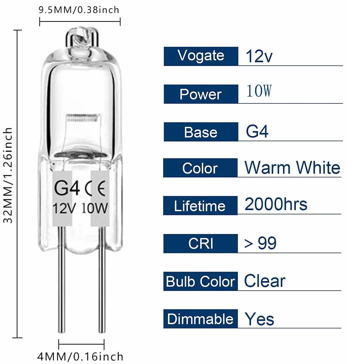 Ampoule Halogène G4 12V 10W 2700K Blanc Chaud Dimmable