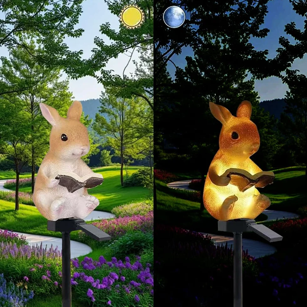 Lumières de lecture lapin solaires, lampe de sol animal résine décorative jardin, LED imperméables crépuscule à l'aube