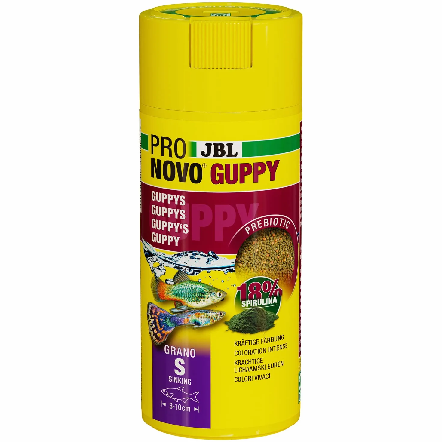JBL PRONOVO GUPPY GRANO Aliment de Base pour Guppys Granulés Poissons Ovovivipares 3-10 cm Doseur à clic Taille S 250 ml