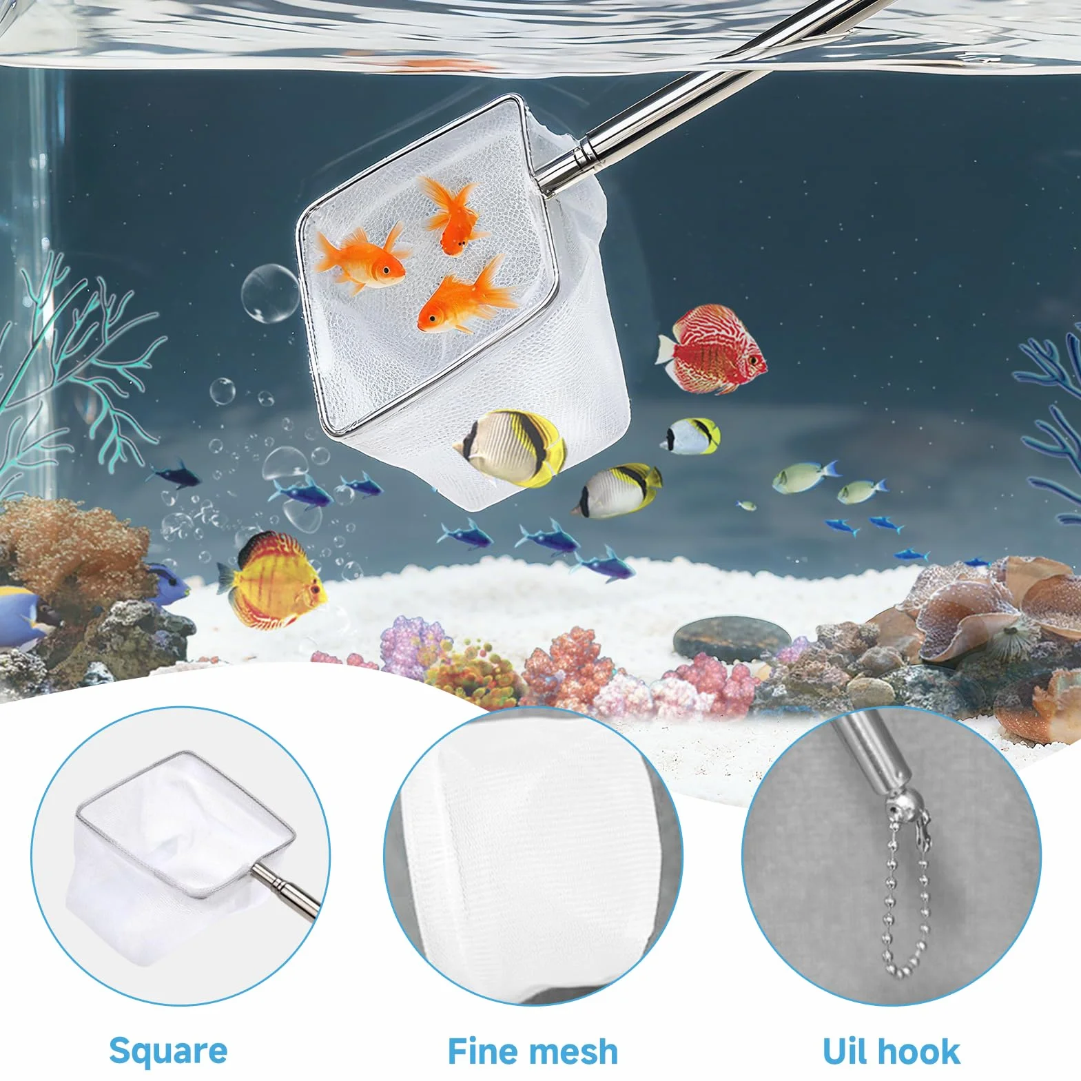 Épuisette Aquarium 8cm Mailles Fines Souples Manche Extensible Acier Inoxydable 40cm