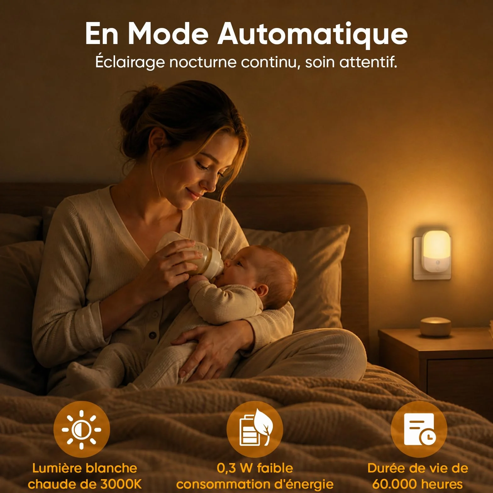 Suright Lot de 2 Veilleuses Enfant à Prise Murale, CAPTEUR LUMIÈRE INTELLIGENT, 5 Intensités, 3 Modes, Blanc Chaud, Lampe de Nuit Bébé 0,3W