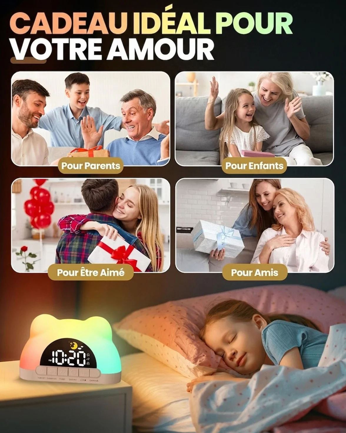 Horloge Sommeil Bébé avec Veilleuse LED RGB 11 Couleurs, Double Alarme, 10 Sons Apaisants, Jour/Nuit