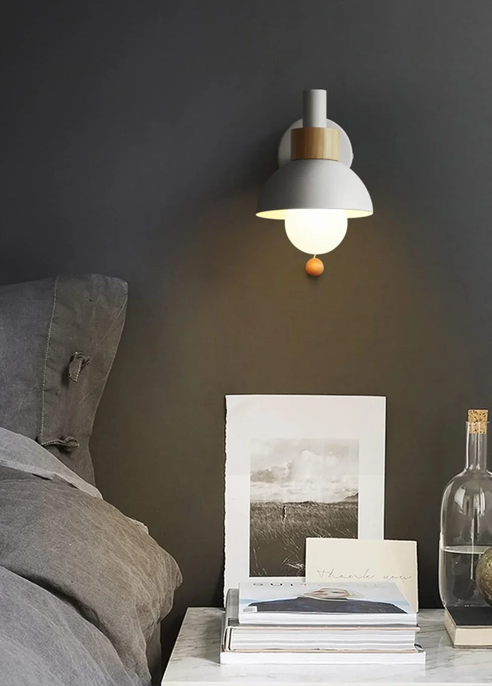 Appliques murales avec interrupteur à tirette bois massif Macaron pour salon chambre enfant (White)