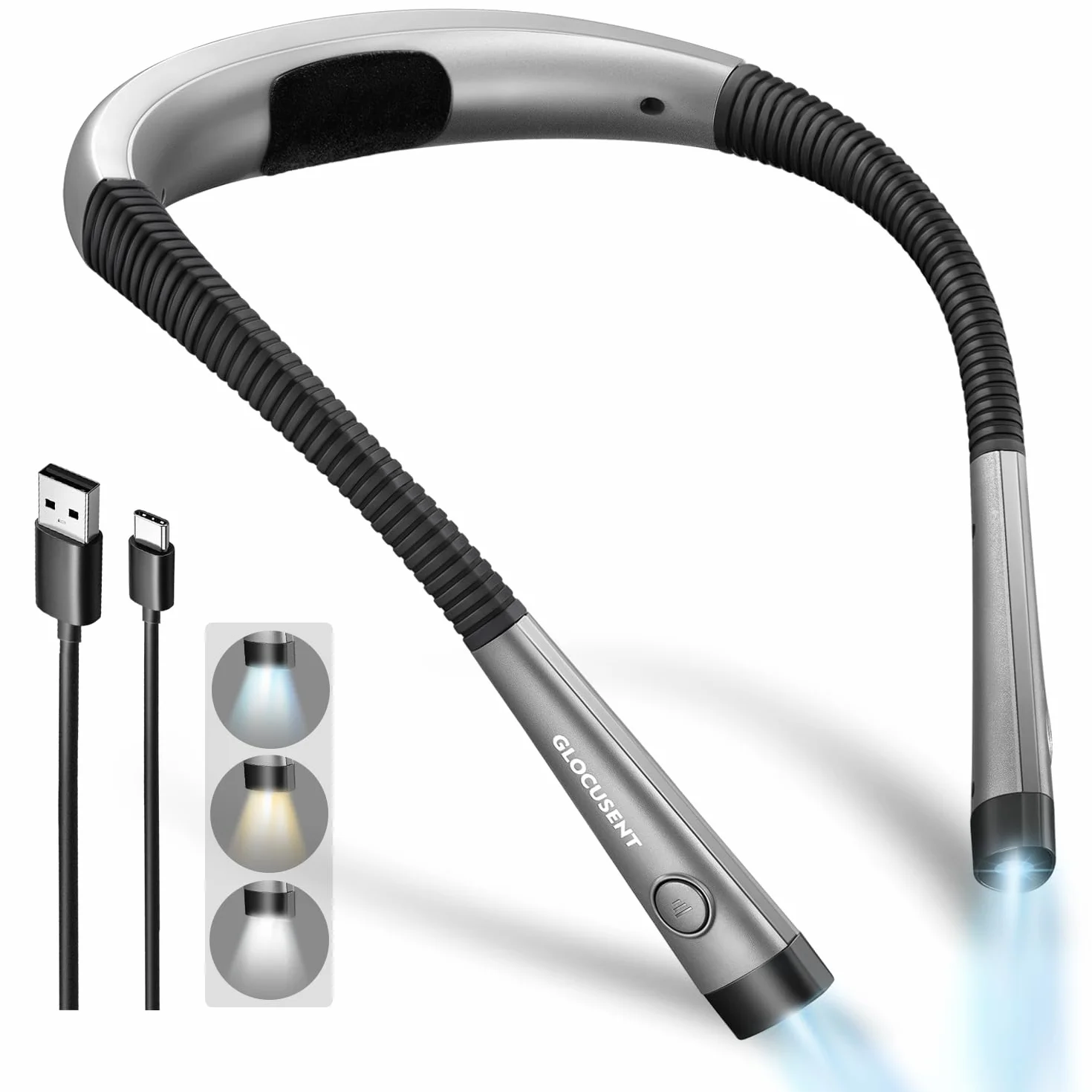 Glocusent Lampe de Lecture de Cou Rechargeable, Liseuse à Bras Pliables, 6 Niveaux de Luminosité, 3 Couleurs
