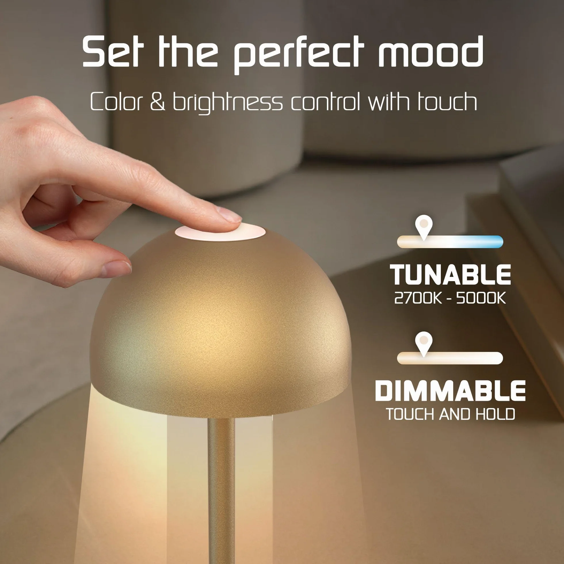 Ledvion Lampe de Table LED Rechargeable Laiton Doré Variable 2700K-5000K 110 Lm IP54 Résistante aux Éclaboussures Batterie 2000mAh Commande Tactile Réglable USB-C Intérieure Extérieure