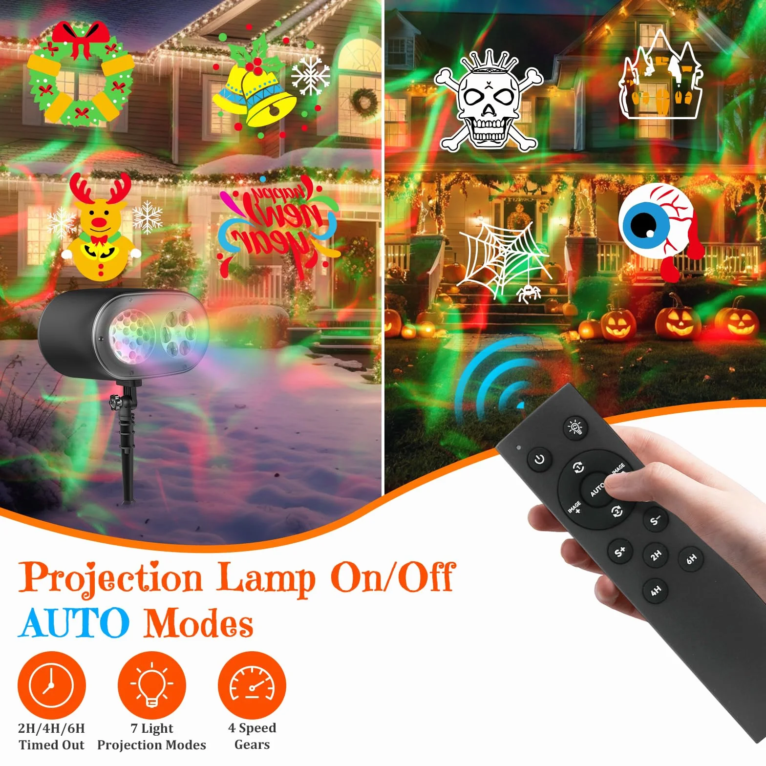 Projecteur LED Noël Extérieur 2 en 1 avec 12 Diapositives 7 Couleurs Effet de Vague d'eau