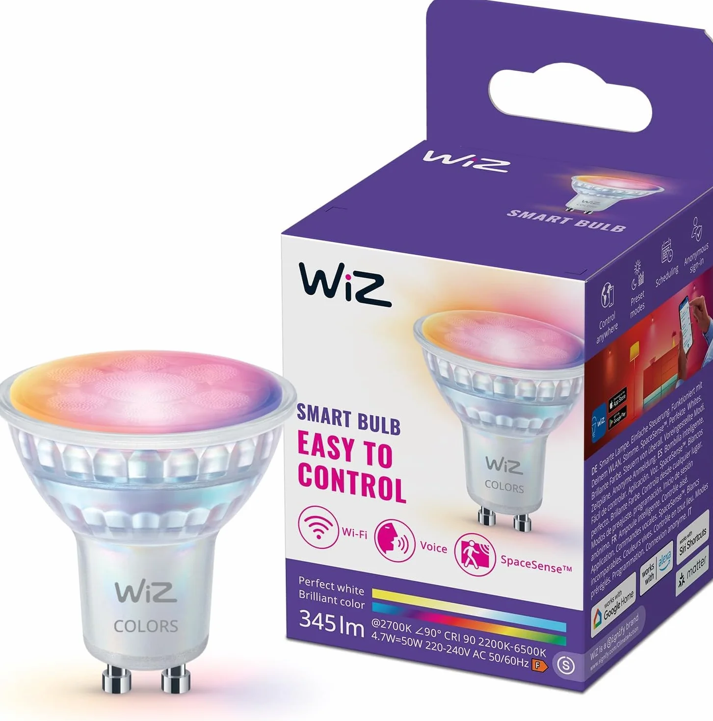 WiZ Spot LED connecté GU10 verre Multicolore Blanc 50W 2200-6500K 345lm intensité réglable compatible Alexa Google Assistant Apple Home pack de 1