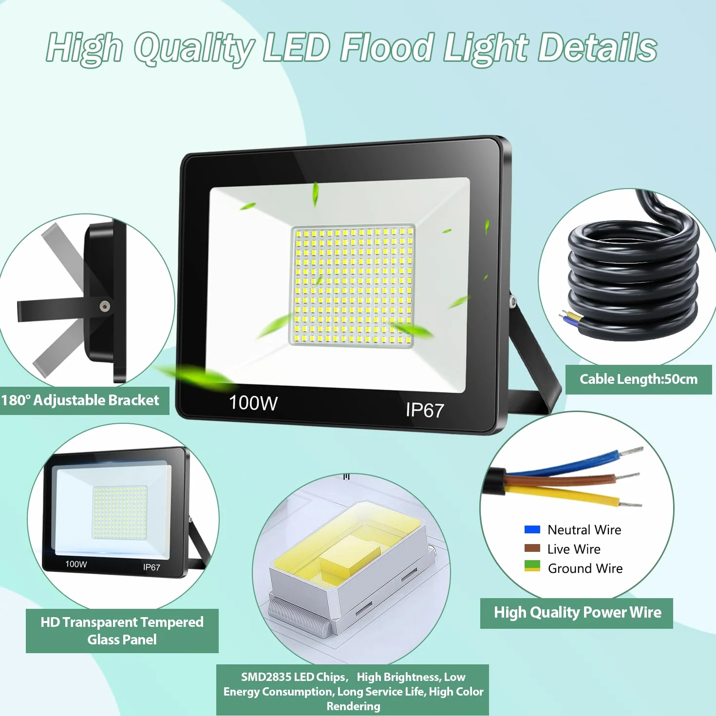 Projecteur LED Exterieur 100W IP67 10000LM 6500K Blanc Froid Eclairage de Sécurité
