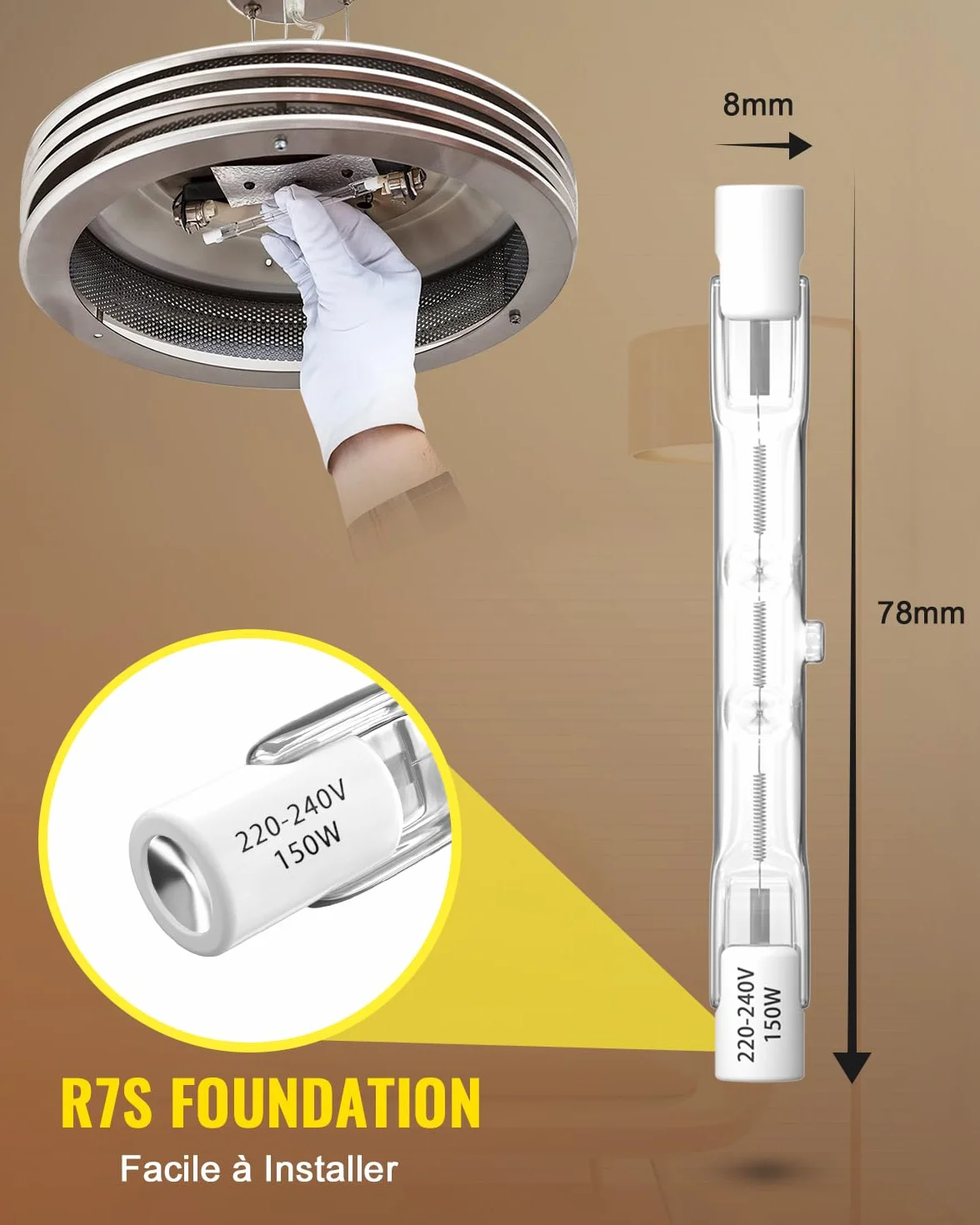 Ampoule Halogène Linéaire R7S 78mm 150W 2100lm 2800K Dimmable Blanc Chaud (Paquet de 5)
